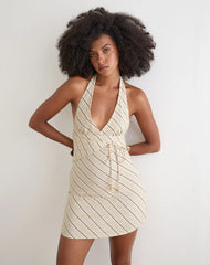 Mayeira Halterneck Mini Dress in Tilt Lines Beige