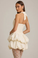 Halterneck Layered Bubble Hem Corset Mini Dress in Ivory