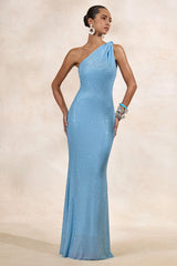 Deity | Powder Blue Hotfix Asymmetric-Neck Maxi Dress With Open-Back