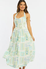 Green Abstract Maxi Dress Halter Neck