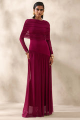 Enalia | Burgundy Mesh High-Neck Maxi Dress With Short-Cape