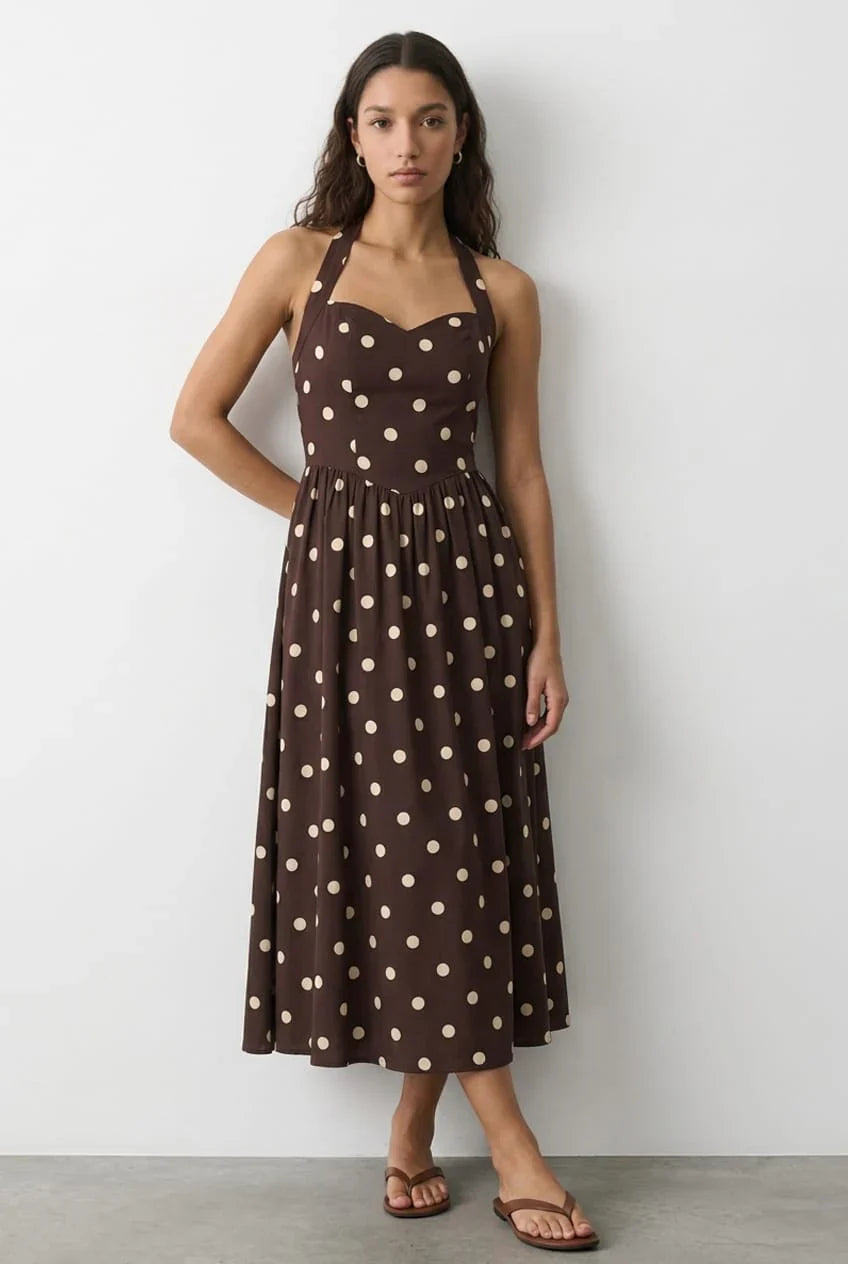 Brown Polka Dot Maxi Dress Halter Neck