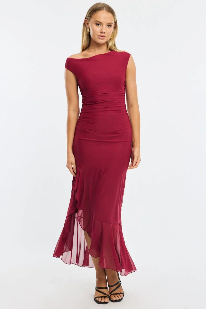 Red Maxi Dress Asymmetric Shoulder Mesh