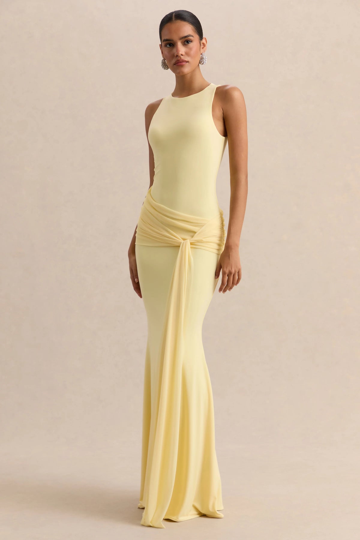 Mirene | Lemon Round-Neck Maxi-Dress With Gathered-Detailing And Sash