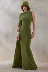 Isdelia | Green Asymmetric-Neck Maxi Dress With Cape-Sleeve
