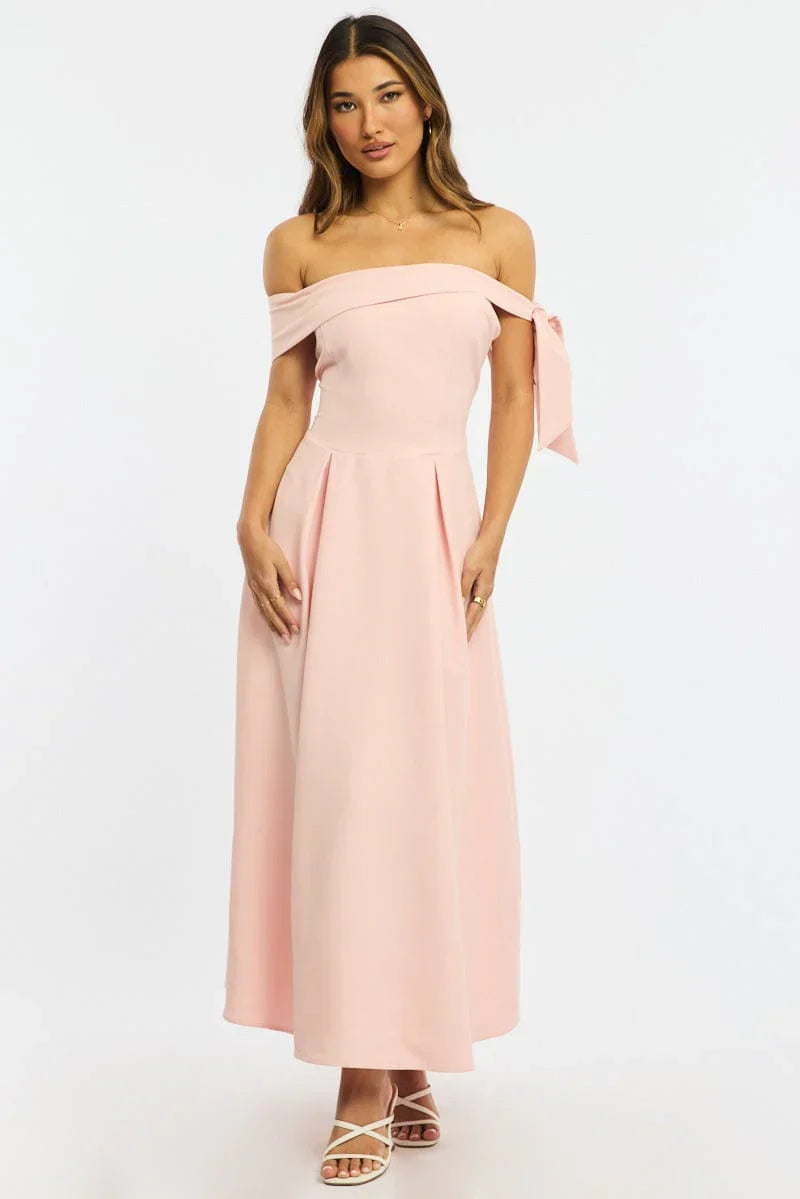 Pink Off Shoulder Midi Dress