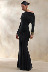 Kessara | Black Asymmetric-Neck Maxi Dress With Sash And Gathered-Detailing