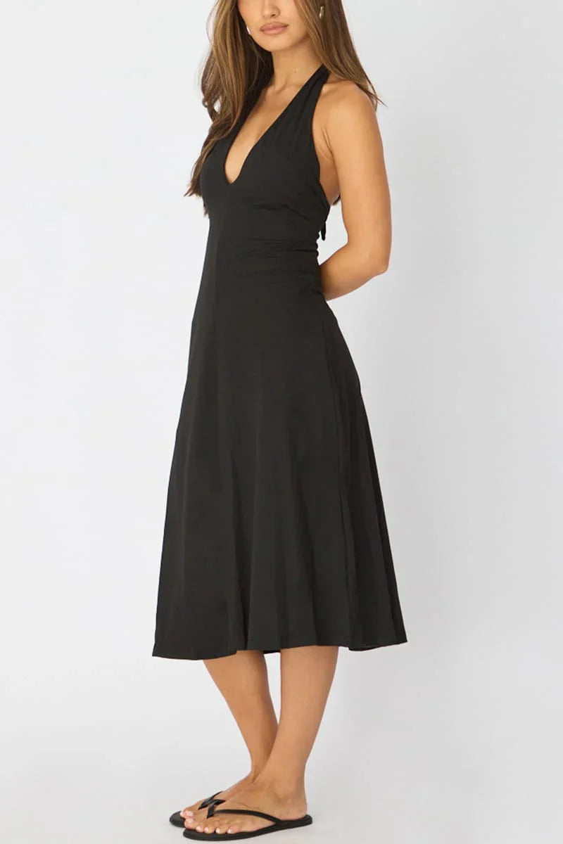 Black Midi Dress Deep V-neck