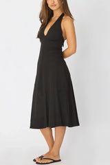 Black Midi Dress Deep V-neck