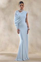 Rubelle | Powder Blue Asymmetric-Neck Maxi Dress With Draped-Detailing