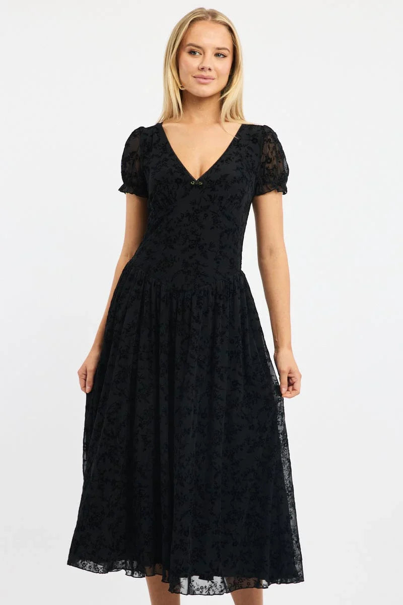 Black Midi Dress Puff Sleeve Burn Out