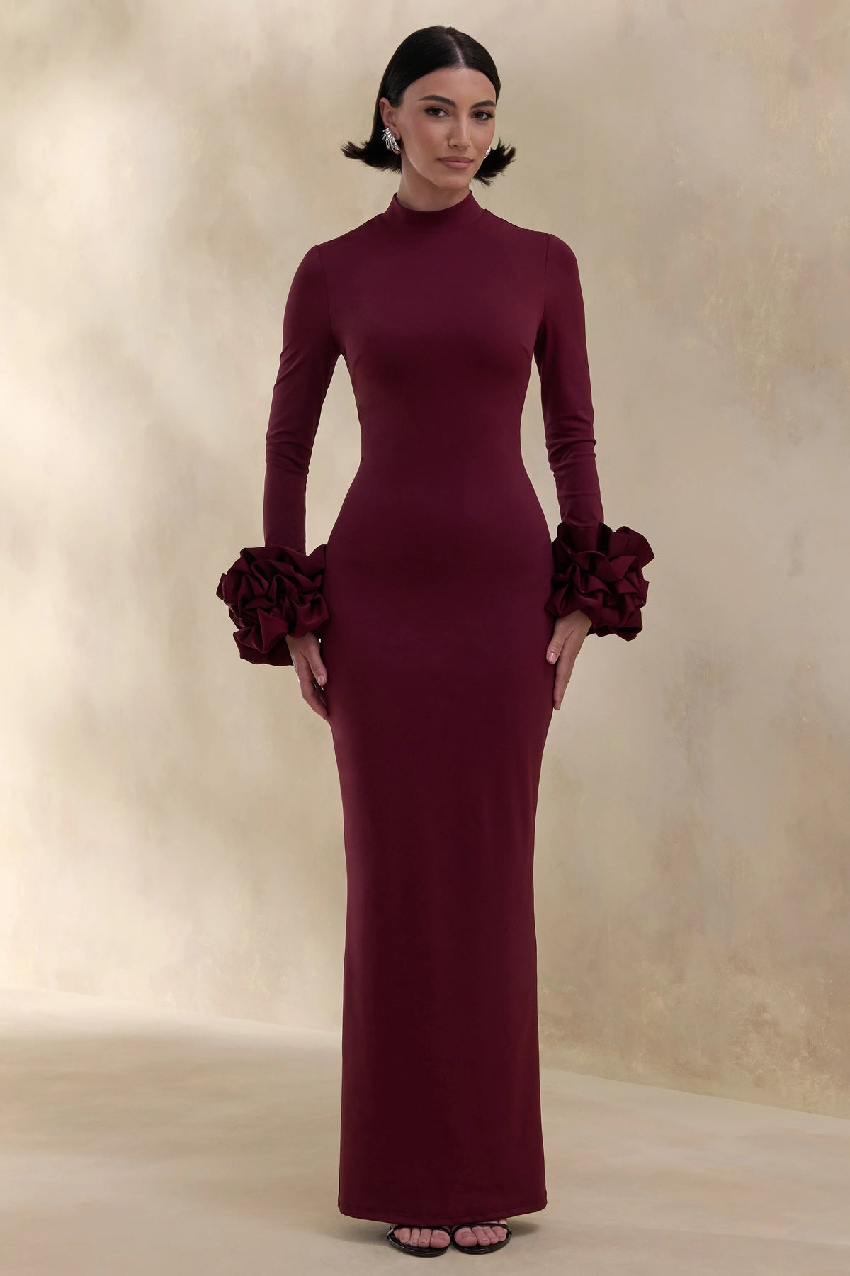 Jaselle | Dark Plum High-Neck Maxi Dress With Ruffled Satin-Cuffs