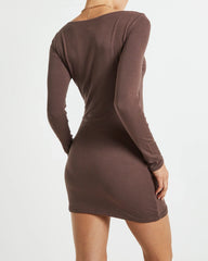 Larissa Scoop Neck Long Sleeve Mini Dress Chocolate Brown