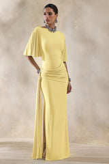Emerelle | Lemon Wide-Neck Maxi Dress With Sash And Draped-Detailing