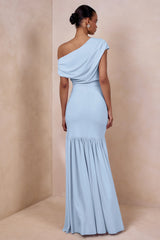 Kady | Powder Blue Asymmetric-Neck Maxi Dress With Ruched Detailing