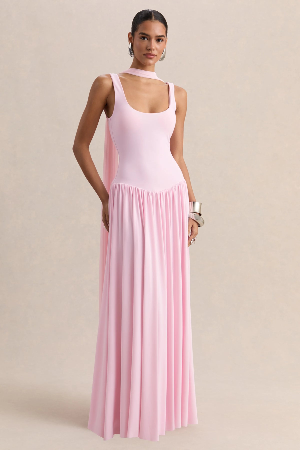 Aurina | Pink Square-Neck Maxi Dress With Scarf-Detail