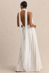 Rylina | White Mesh Halter-Neck Maxi Dress With Scarf And Open-Back
