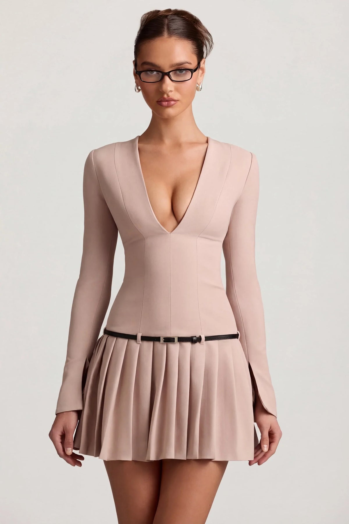 Long-Sleeve Pleated Mini Dress in Mushroom