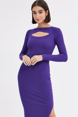 Purple Midi Dress Long Sleeve Round Neck Keyhole Rib Knit