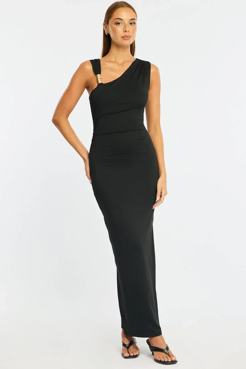 Black Maxi Dress One Shoulder Hard Wear Detail