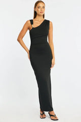 Black Maxi Dress One Shoulder Hard Wear Detail