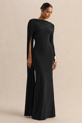 Halina | Black High-Neck Maxi Dress With Cape-Sleeve