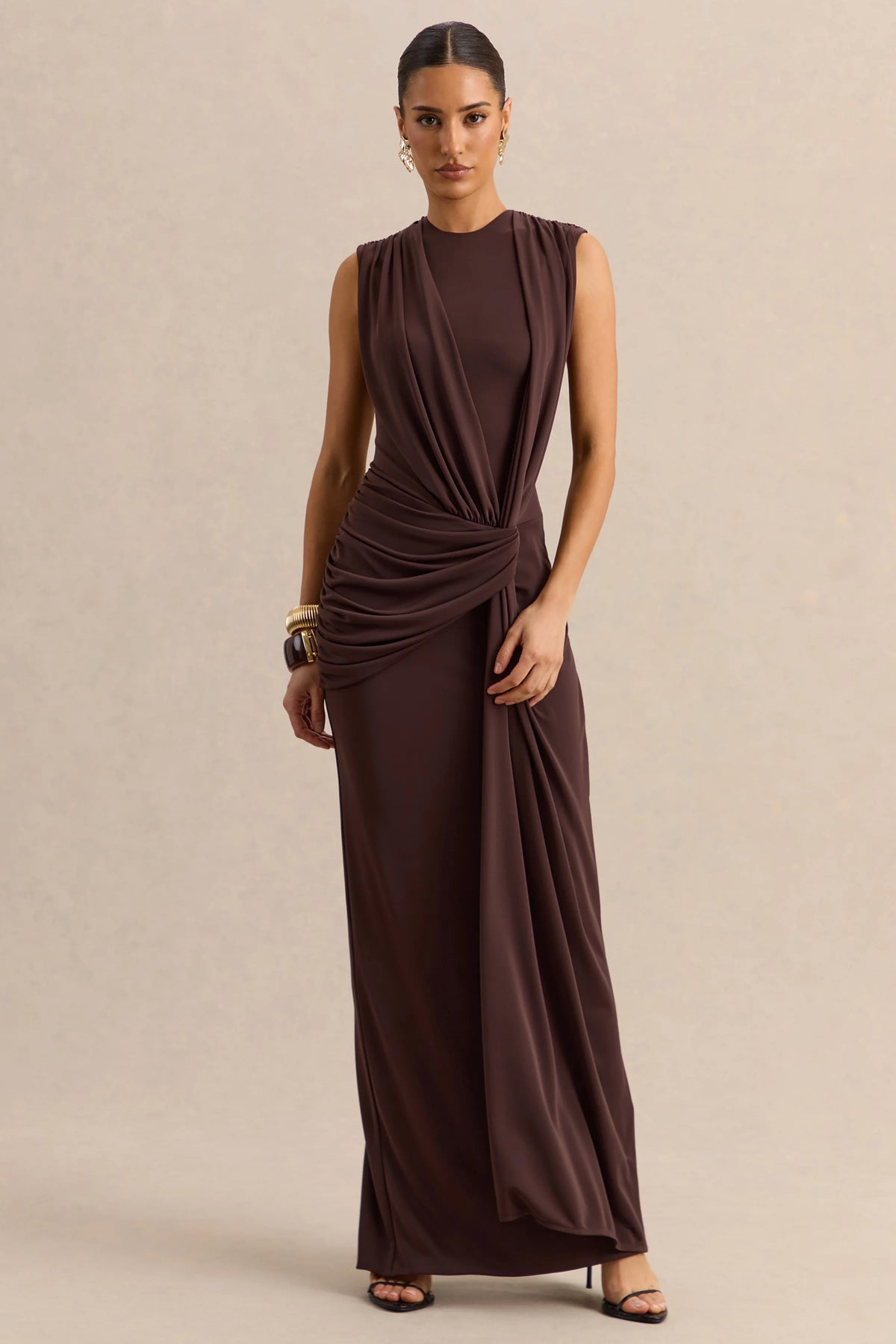 Blythia | Brown Round-Neck Maxi Dress With Gathered-Detailing