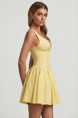 Broderie Anglaise Bow-Detail A-Line Mini Dress in Pastel Yellow