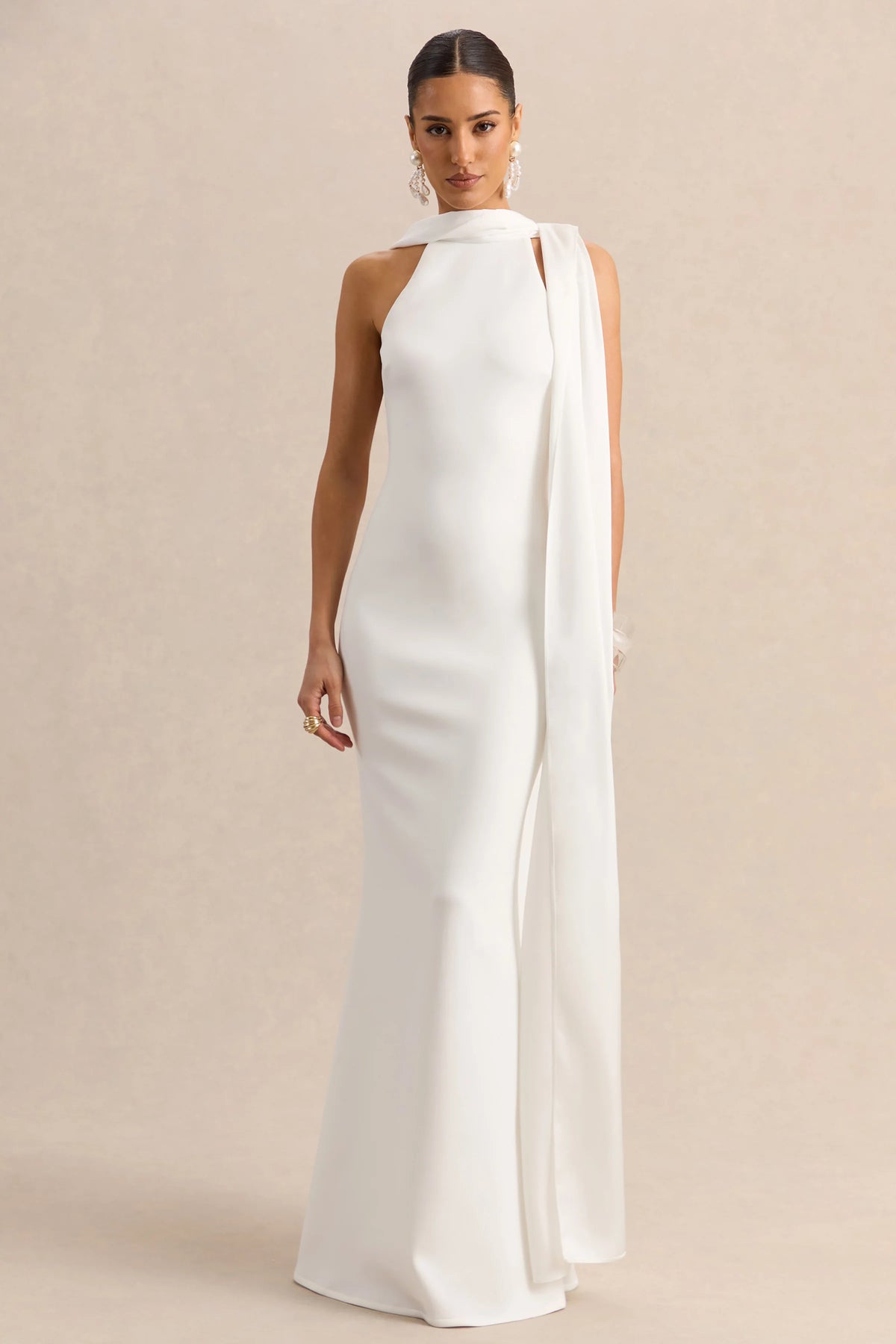 Vionette | White High-Neck Maxi Dress With Scarf