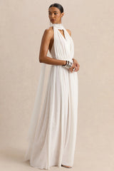 Rylina | White Mesh Halter-Neck Maxi Dress With Scarf And Open-Back
