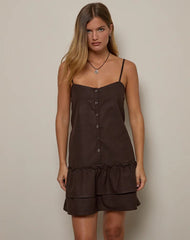 Mailina Linen Button Up Mini Dress in Chocolate Brown