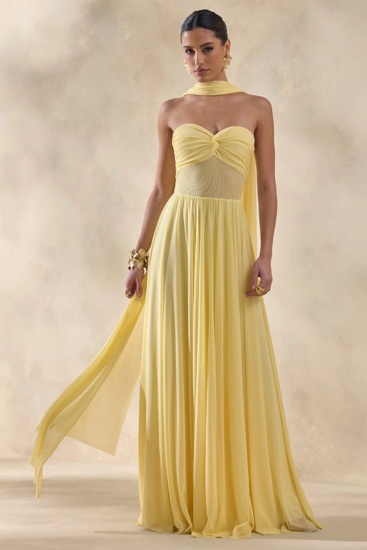 Lyvoria | Lemon Bandeau Maxi Dress With Mesh-Detail And Scarf