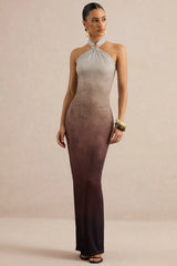Thera | Brown Ombre Halter-Neck Maxi Dress With Gold Detail