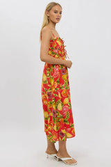 Red Abstract Midi Dress Ribbon Detail Strappy