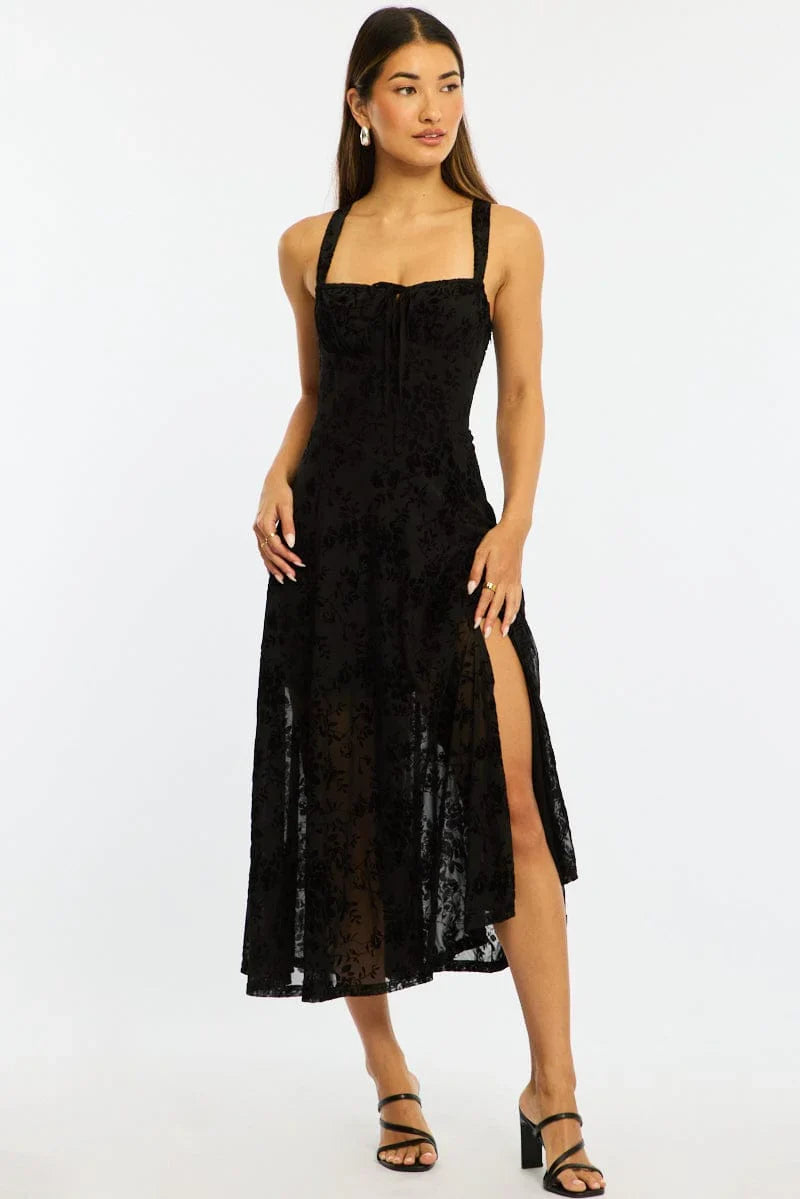 Black Midi Dress Ruched Bust