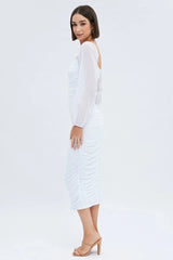 White Midi Dress Long Sleeve Square Neck Ruched Bodycon