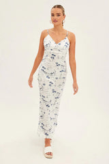 Blue Abstract Midi Dress Sleeveless V Neck Printed Satin