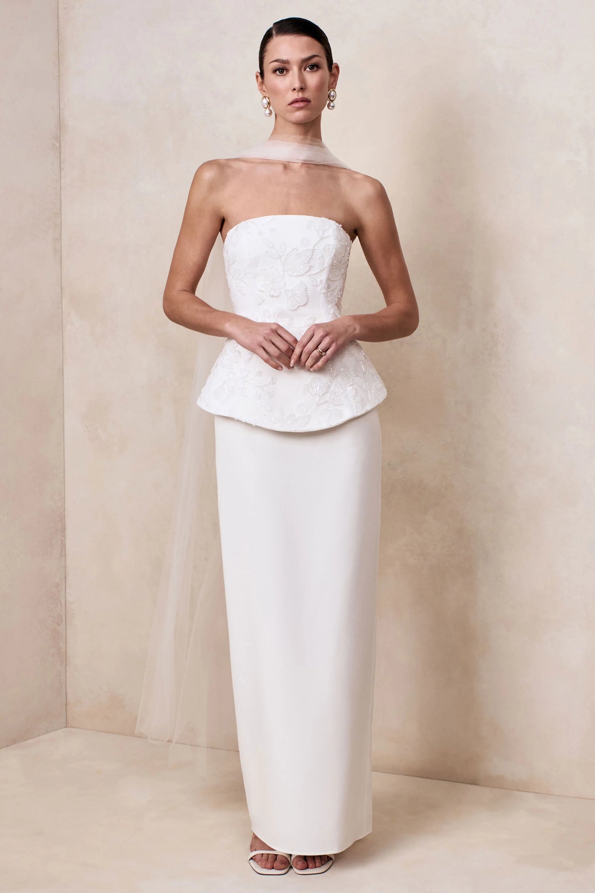 Naira | White Satin Bandeau Corset Maxi Dress With Sheer Scarf