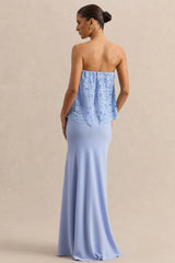 Clemency | Powder Blue Lace And Matte Satin Bandeau Maxi Dress