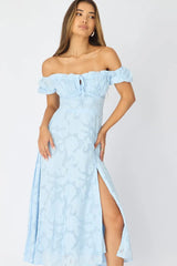 Blue Midi Dress Puff Sleeve