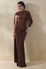Trisara | Brown Asymmetric-Neck Maxi Dress With Gathered-Detailing And Sash