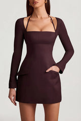 Pinstripe Structured A-Line Mini Dress in Chocolate Brown