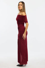 Red Off Shoulder Maxi Dress Mesh