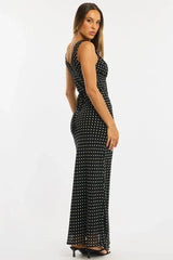 Black Polka Dot Maxi Dress V-neck Chiffon