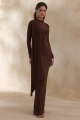 Amaria | Brown High-Neck Maxi Dress With Sash-Detail