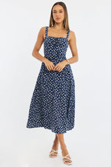 Blue Ditsy Midi Dress Ruched Bust
