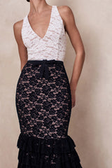 Isoria | Black And White Lace Halter-Neck Maxi Dress With Bow-Belt Detail