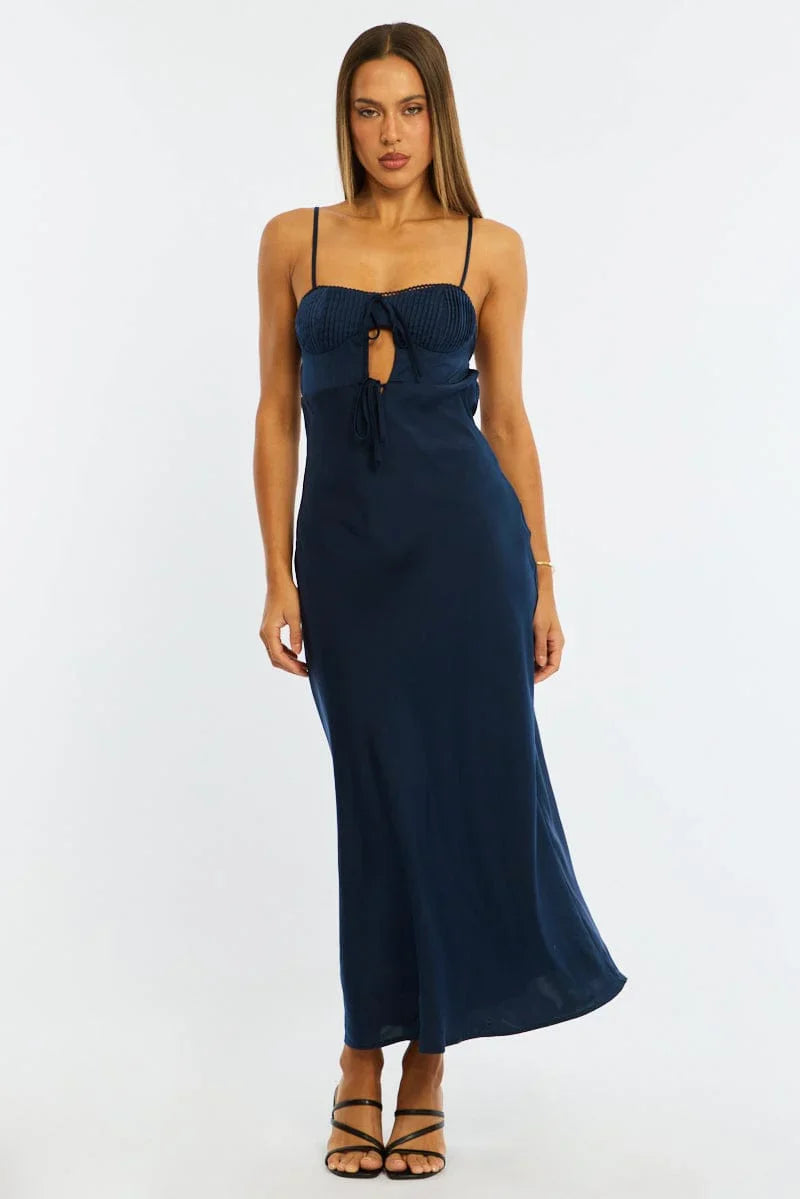 Blue Midi Dress Ribbon Detail Satin