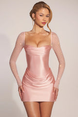 Embellished Long-Sleeve Draped Mini Dress in Blush Pink