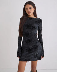 Sevila Long Sleeve Mini Dress in Burnout Velvet Grey